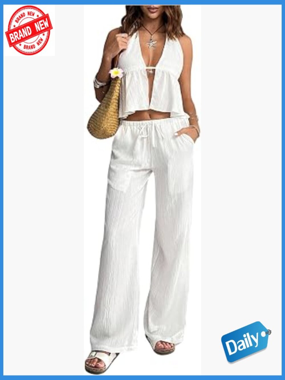 2 Piece Outfit Halter Top Wide Leg Pants Set Sleeveless Vacation